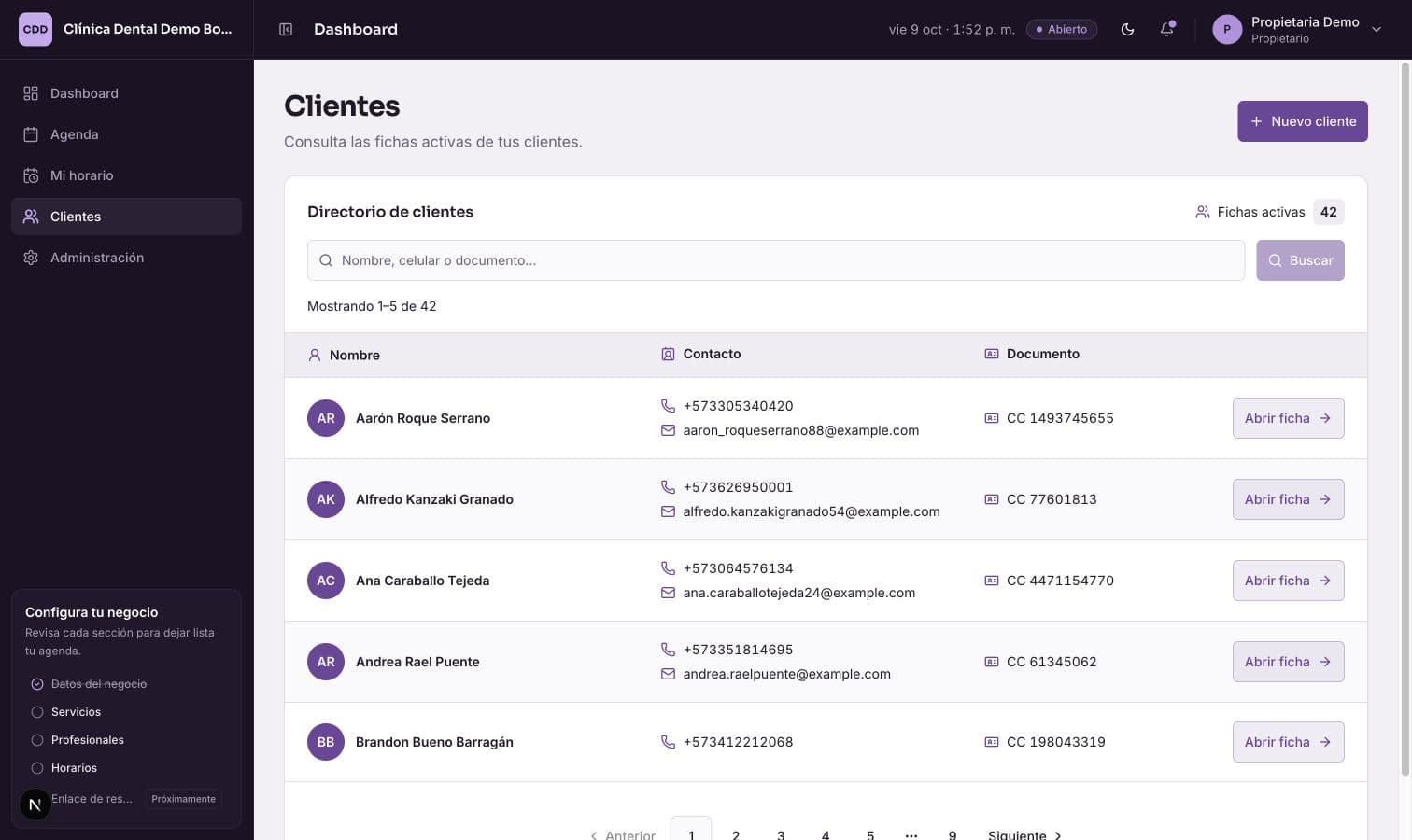Directorio de clientes con búsqueda y acceso a las fichas.